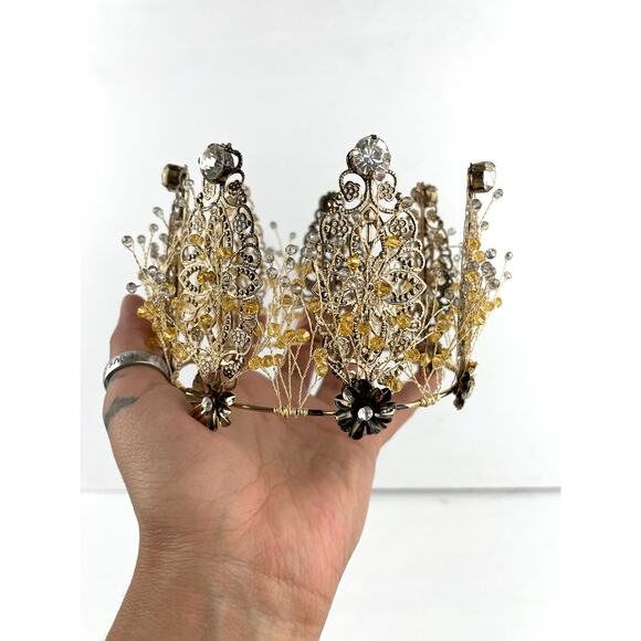 Bronze Tone Metal Tiara Crown Beaded Wired Floral Rhinestones Party Bridal - Picture 8 of 10
